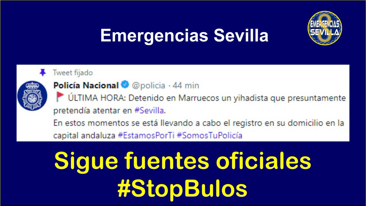 EmergenciasSev's tweet photo. 🚩ÚLTIMA HORA: Detenido en #Marruecos un #yihadista que presuntamente pretendía atentar en #Sevilla. 
En estos momentos se está llevando a cabo el registro en su domicilio #Sevilla. Vía @policia 
Gran trabajo de @policia.
#StopBulos. Sigue fuentes oficiales
Colabora. RT!! https://t.co/TWTawIxrXc