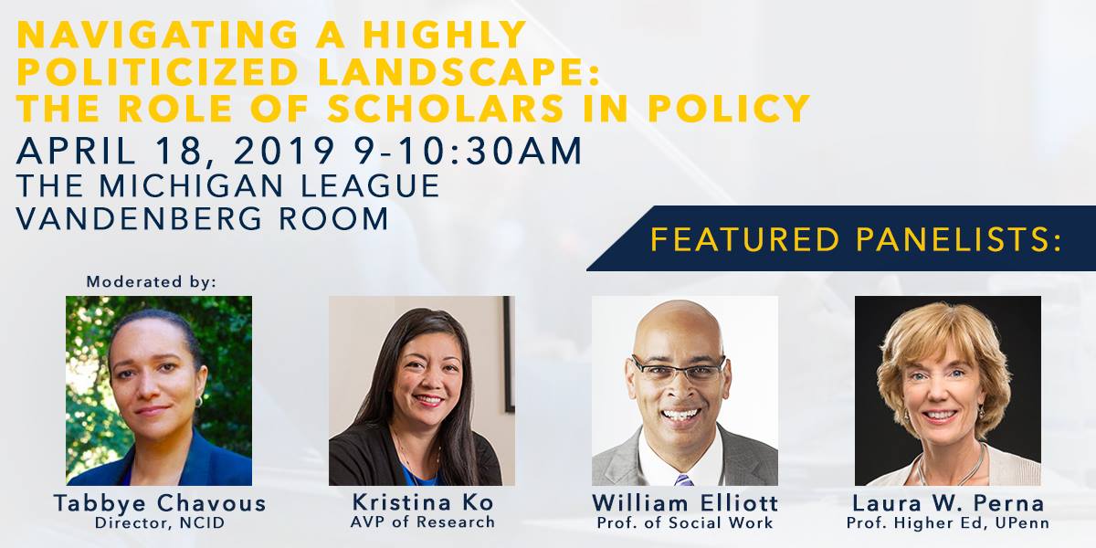 A graphic with information about the panel "Navigating a highly politicized landscape: the role of scholars in policy"