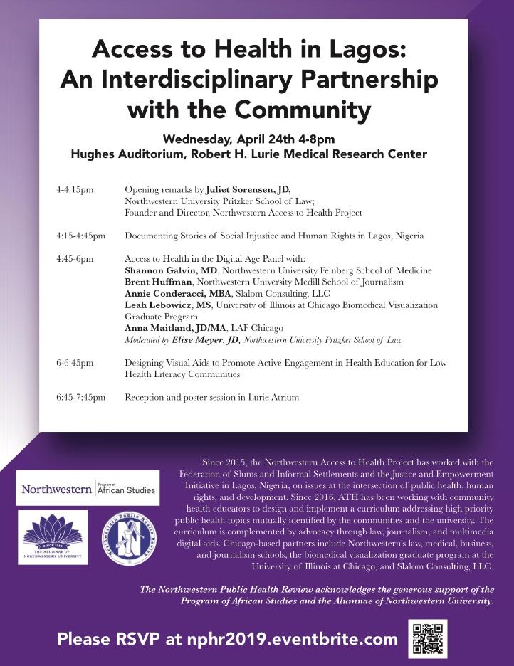 JulietSorensen1's tweet photo. Next Wednesday 4/24: @theNPHR symposium on health, human rights &amp; development in #Lagos, featuring community-based collaboration across disciplines @NorthwesternU including @NorthwesternLaw @nu_ipham and @Medill_Doc as well as @UIC_BVIS. Join us! https://t.co/3W21E9q8JQ