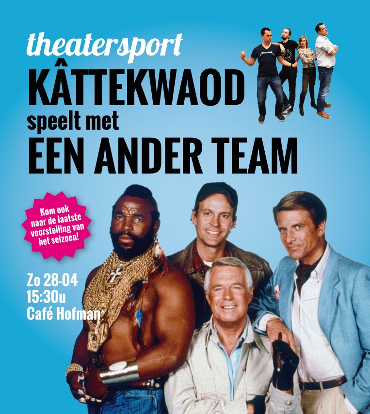 Op zondag 28 april speelt Kâttekwaod een speciale theatersport voorstelling. Het wordt een super feestje! Ben jij er ook bij?
aanvang voorstelling: 15:30u
locatie: Café Hofman. 
toegang: gratis
#theatersport #improtheater #kâttekwaod #cafehofman