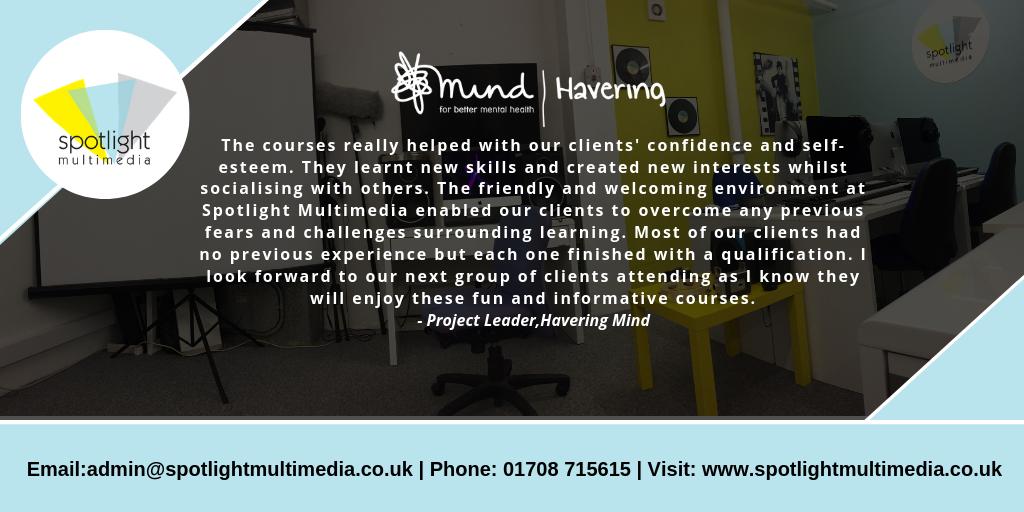 Spotlight_Multi's tweet photo. It's been a pleasure working with @HaveringMind! Our multimedia courses are designed to not only develop our learner’s skill set but also their confidence. Click here to find out more: https://t.co/6X49NqyyMT

#adulteducation #education #media #multimediacourses #courses #free https://t.co/dGXcSqFHne