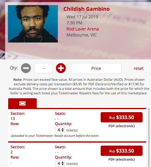 nancekilpatrick's tweet photo. Either people are out here scamming or scalpers were allowed into a 'fan' presale for Gambino (GA is already sold out and tickets haven't gone on sale to general public yet)... Either way @Ticketek_AU and/or @LiveNationOzNz should be looking into it bc its super gross behaviour! https://t.co/IZWh6Ljlr4