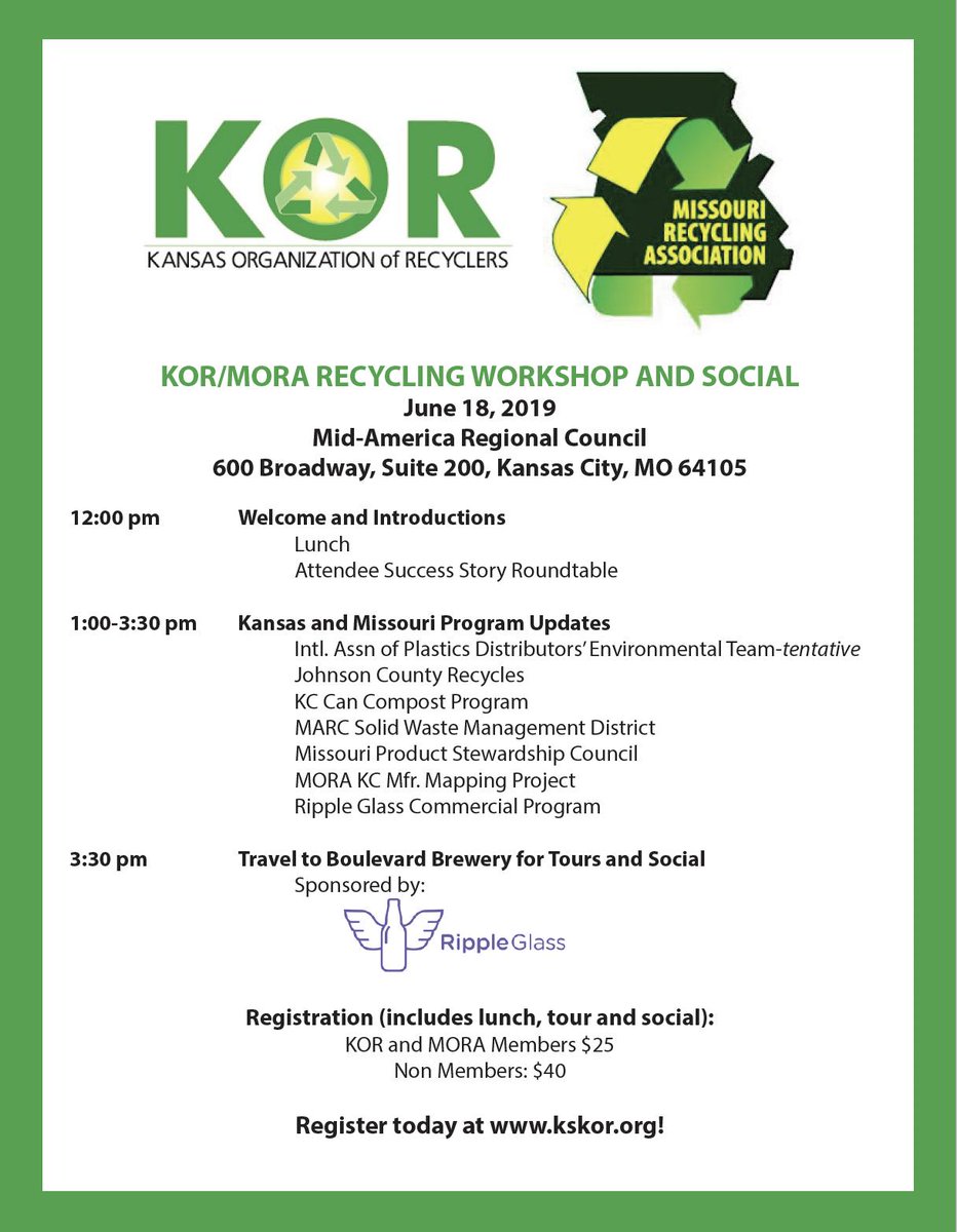 recyclekansas's tweet photo. Join the Missouri Recycling Association and Kansas Organization of Recyclers for our first Recycling Workshop, tour and social on June 18 in Kansas City! View the agenda and register here: https://t.co/pHTRTrxUF0 https://t.co/NRQbqkPWpw