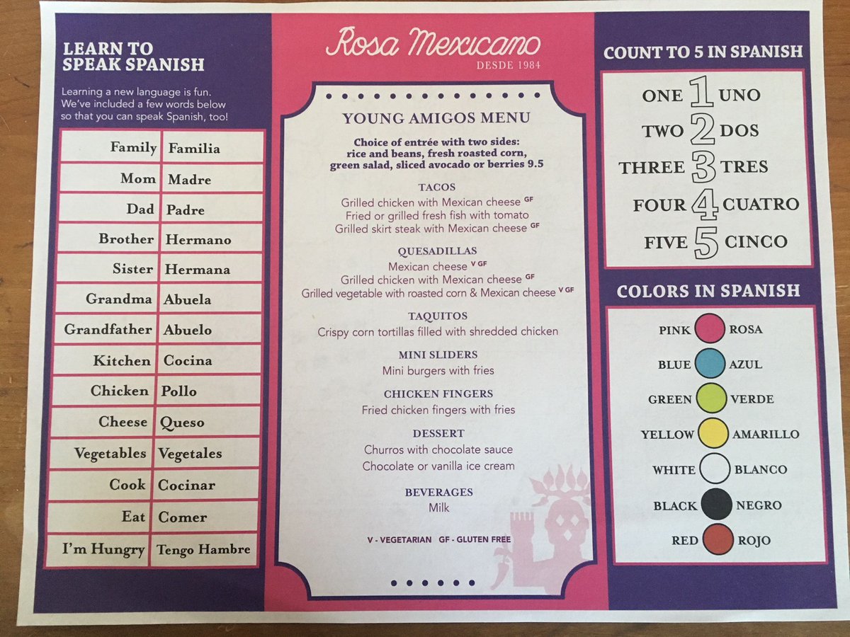 RosaMexicano's tweet photo. Here at #RosaMexicano, the #fiesta isn’t only for adults. We have launched a special Young Amigos menu for kids — and it offers a Spanish lesson and other cultural riches. Come in this week — and bring the entire family! 
#kidsmenu #foodforkids #mexicanfood #learnspanish https://t.co/1F8or4N9N4