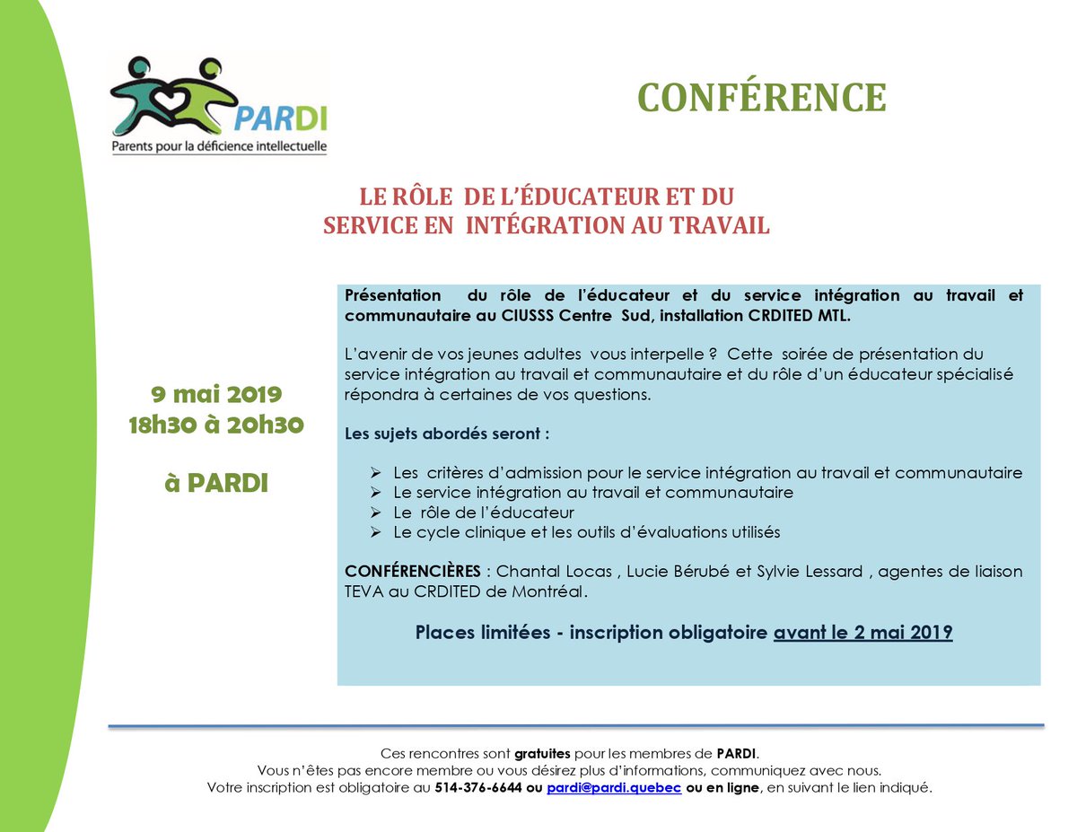 PARDI_mtl's tweet photo. Prochaine soirée conférence le 9 mai 2019. Le rôle de l'éducateur dans le socio pro https://t.co/Nya1YNsJ5F