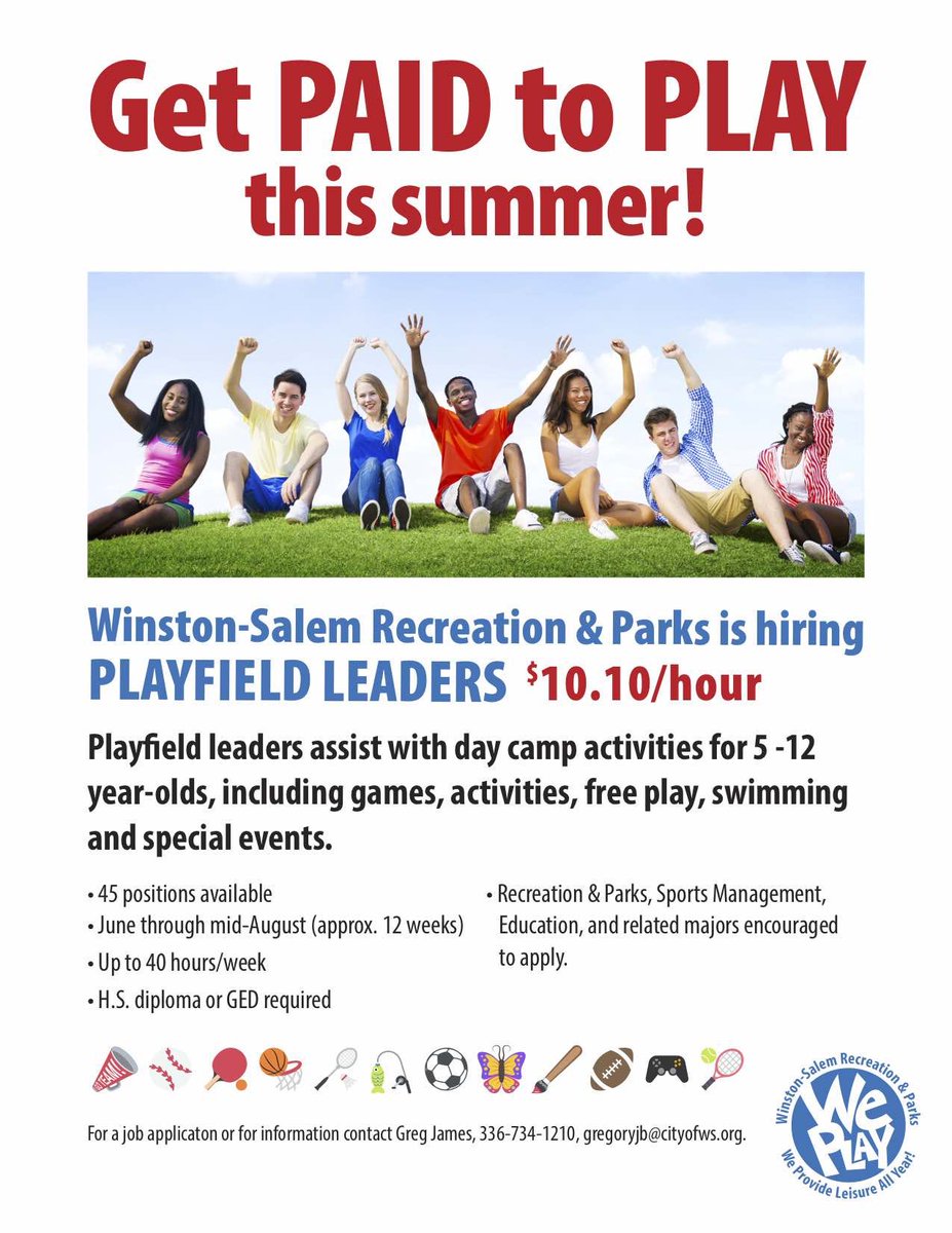 City Of Winston Salem Nc On Twitter Recreation Parks Is Seeking Candidates For Summer Employment Playfield Leaders Work With Summer Camps Special Events And Support Recreation Center Programs Visit City Of Ws