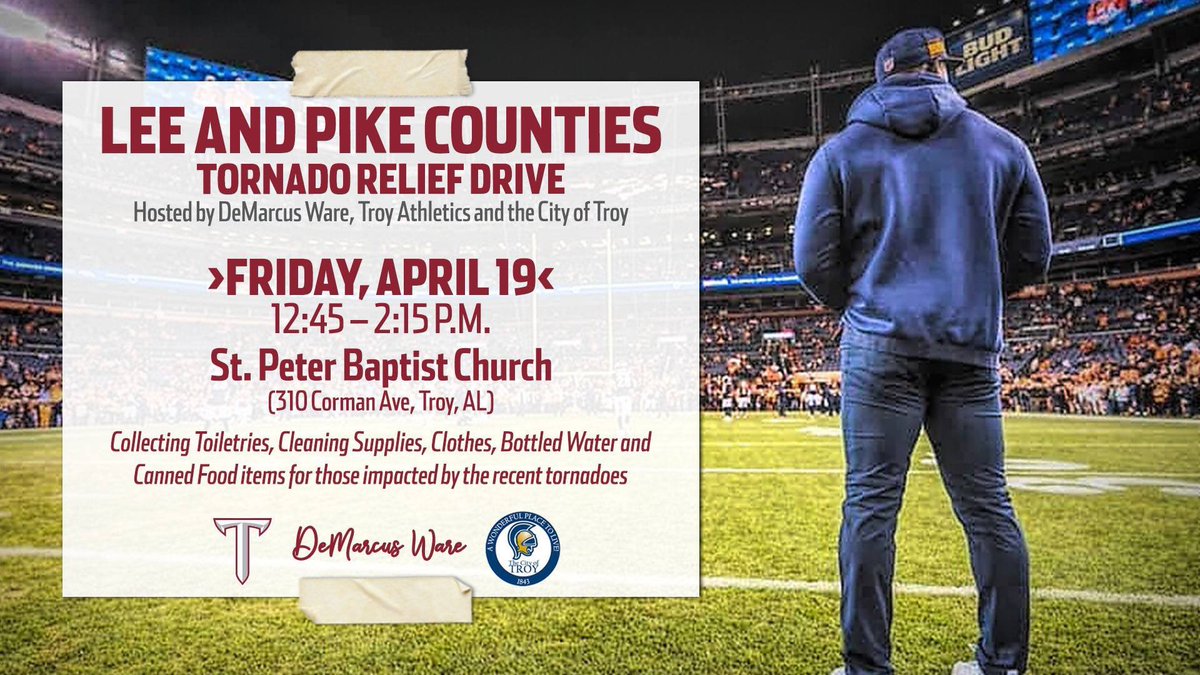 TroyALGov's tweet photo. Great opportunity to help those in need after the recent tornados! @DeMarcusWare @TroyAthletics https://t.co/6WNyxDEueQ