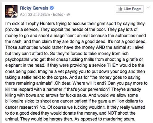 Protect_Wldlife's tweet photo. #WildlifeWednesday 

As ALWAYS, @RickyGervais tells it as it is!!!

RT if you want a GLOBAL ban on ALL #TrophyHunting NOW!!! https://t.co/NLmcFcKUqL