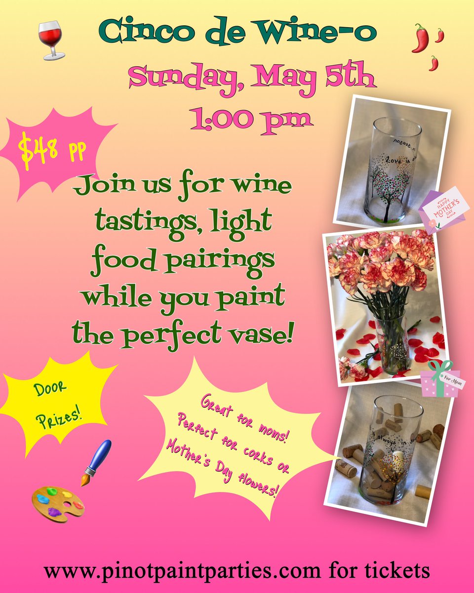 Join us @RoseBankWinery for Cinco de Wine-o!  #winetastings and #vasepainting!  Use for flowers or #corks!  Tickets can be ordered on our website. #newtownpa #wineryevent #sipandpaint #buckscountypa
