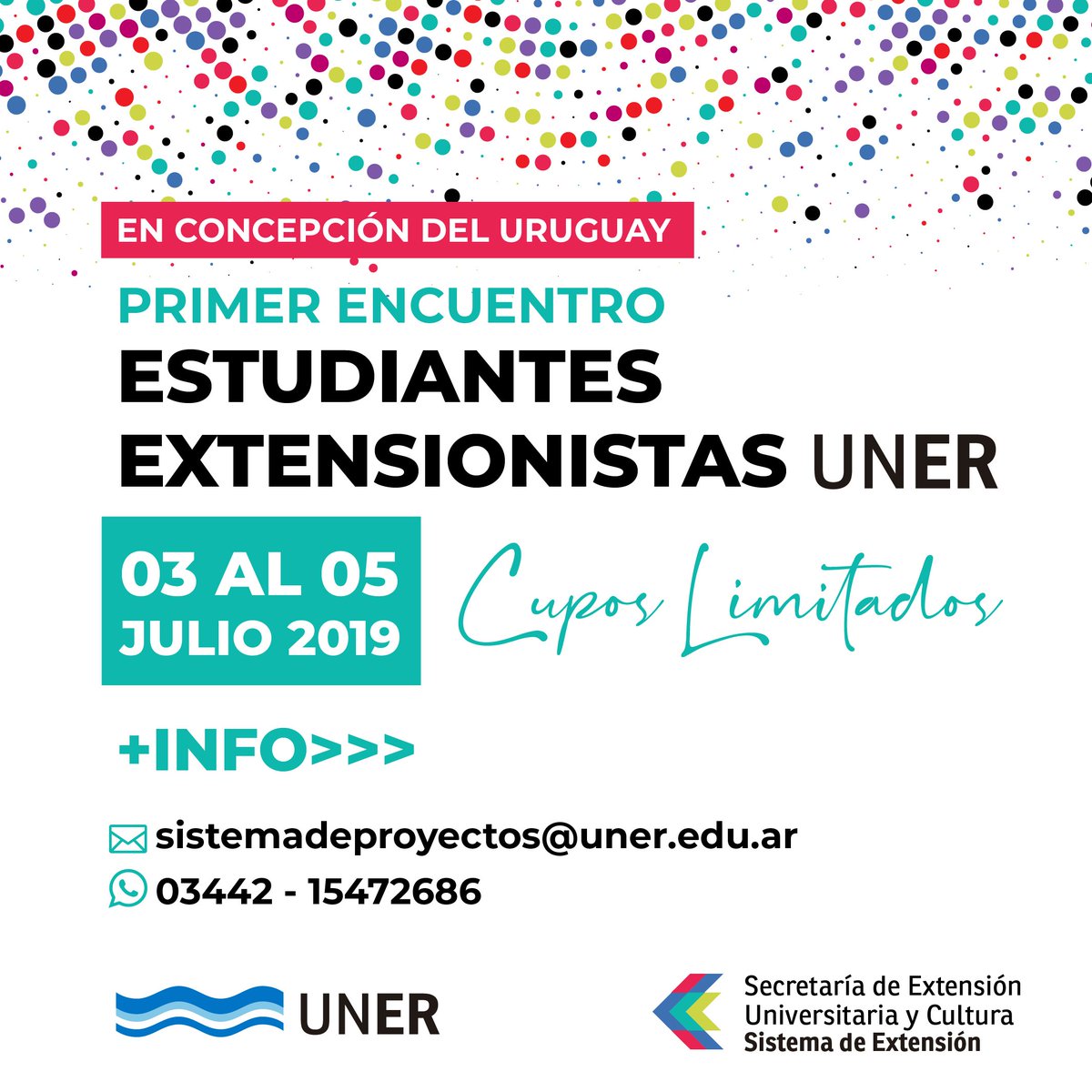 uneroficial's tweet photo. ¡Primer Encuentro de Estudiantes Extensionistas!

En #ConcepciónDelUruguay
🗓3 | 4 | 5 de julio
📣Cupos limitados
+Info:  
Wpp: 03442 - 15472686
#JóvenesExtensionistas #EstudiantesUNER #UNERCrece #UniversidadPúblicaSiempre https://t.co/xNs5gfVOi5