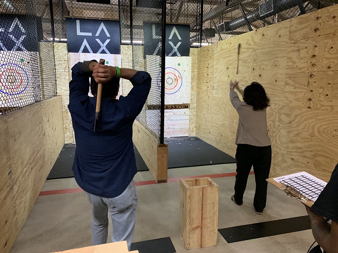 GausmanMoore's tweet photo. Beverages were consumed, axes were thrown, stress was relieved, and a good time was had by all when our Los Angeles office team got together after work for some old fashioned ax throwing at LAAX. https://t.co/p8uu0US5zO
