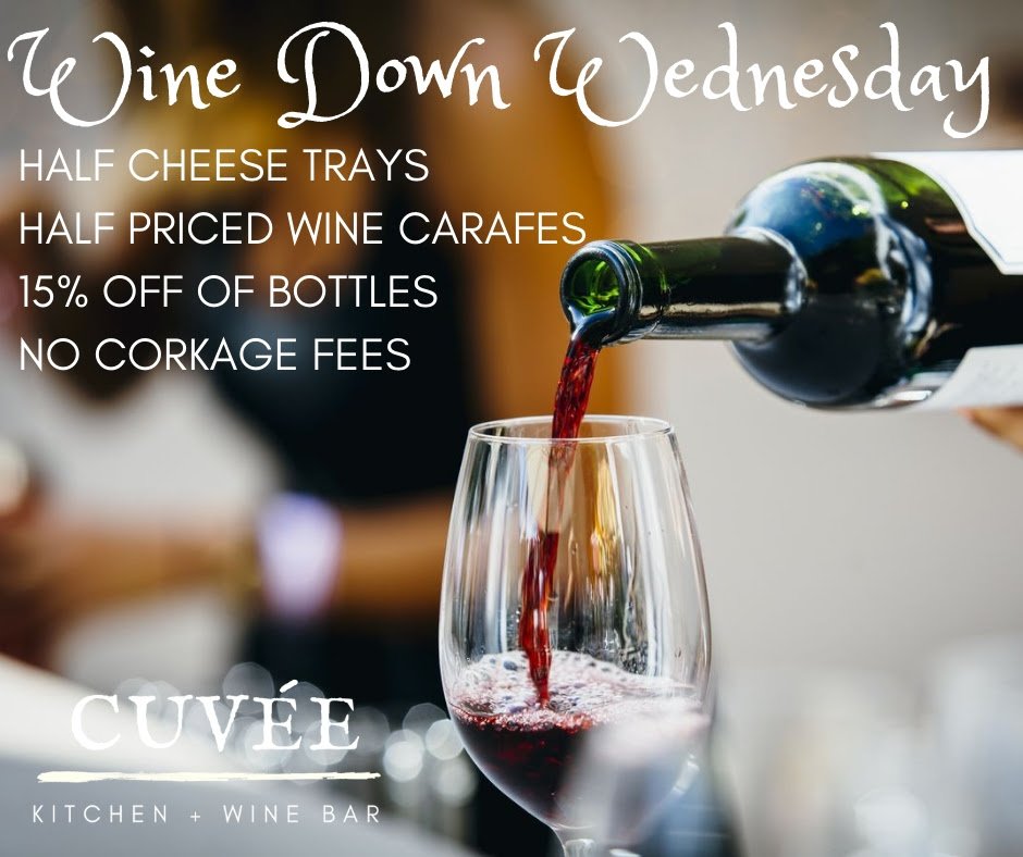 Cuvee_Kitchen's tweet photo. Raise a glass at Cuvée Kitchen + Wine Bar every week during Wine Down Wednesday! Featuring Half Cheese Trays, Half Priced Wine Carafes, 15% Off of Bottles, and No Corkage Fees, this is one weekly deal you don't
want to miss! https://t.co/gx4bFHHORm