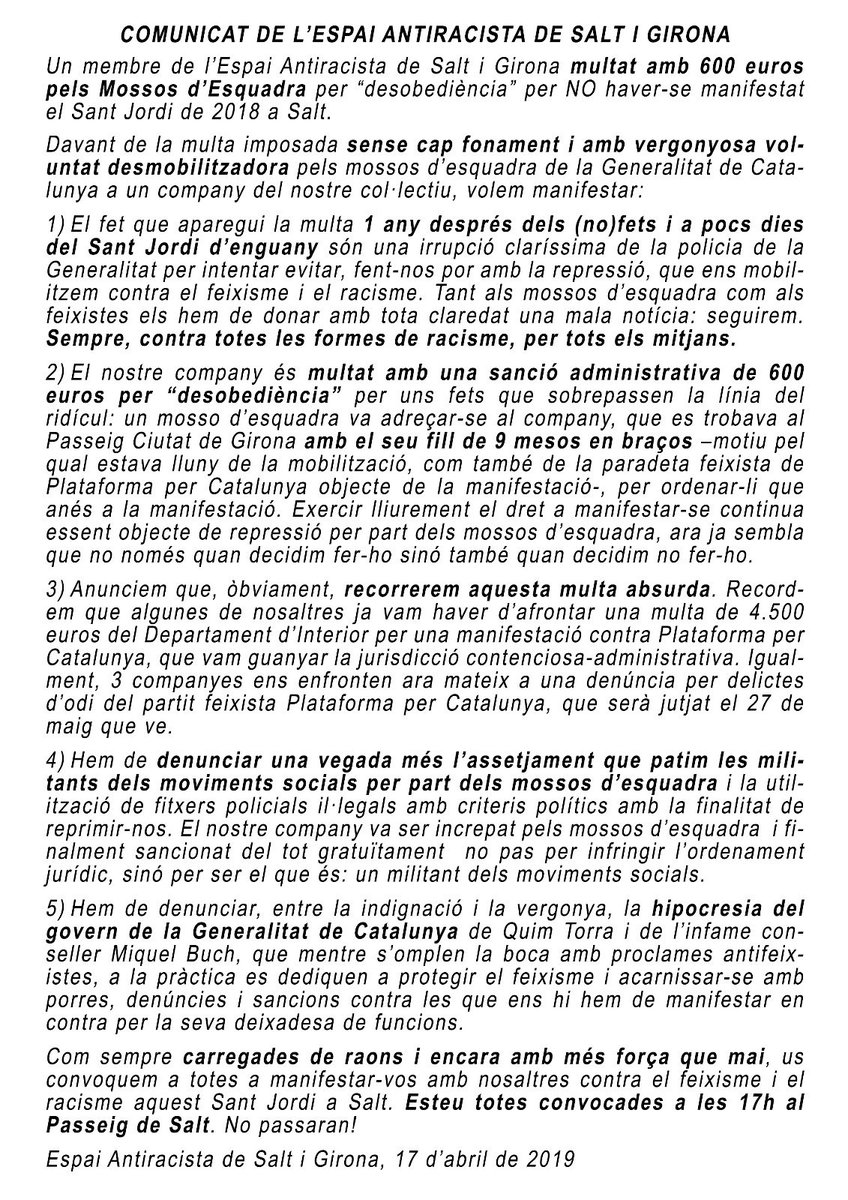 🔴 S'apropa #SantJordiAntifeixista i volen multar a un company de l'<a href="/EAntiracista/">Espai Antiracista</a> amb 600€ per la manifestació contra PxC de l'any passat.

✊ Seguirem, contra totes les formes de racisme, per tots els mitjans.

El 23/04 esteu convocades a les 17h al Passeig de Salt. #NoPassaran