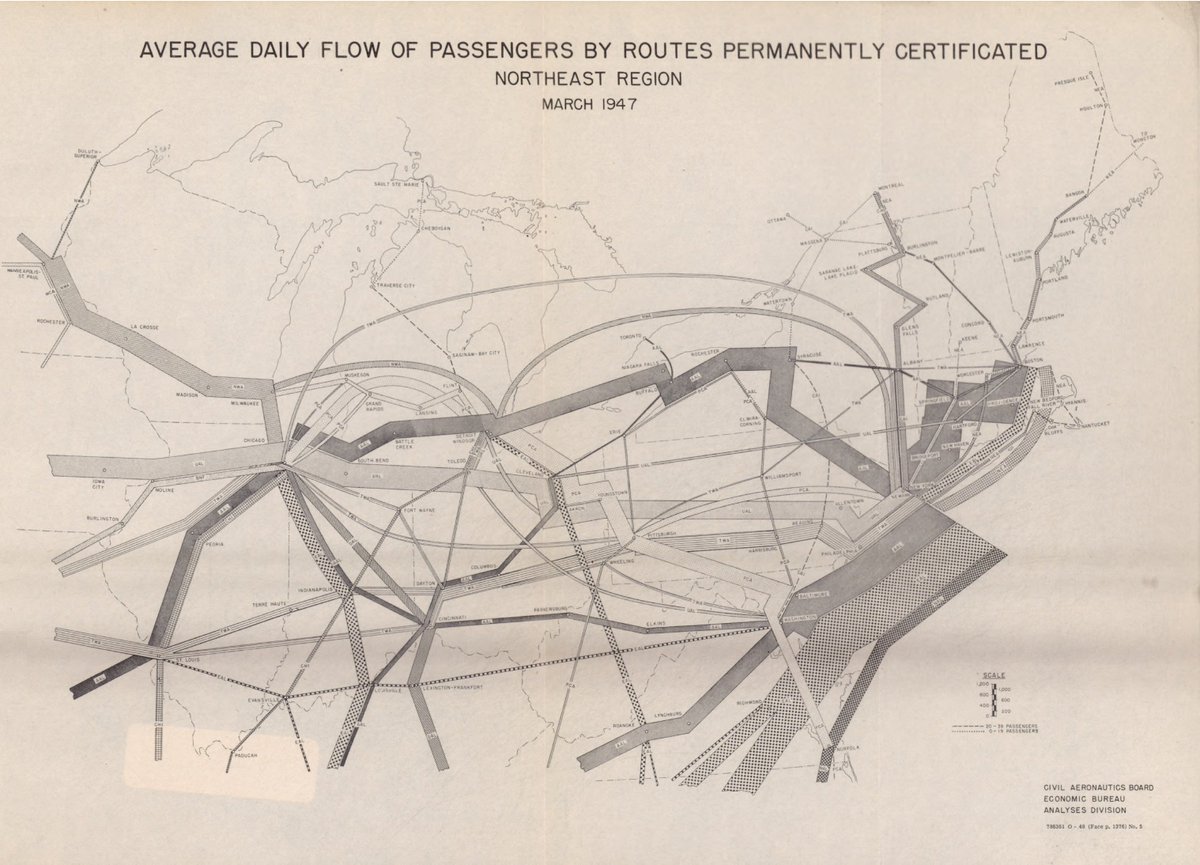 a couple more air traffic maps. these are even older.
from the Civil Aeronautics Board's 'Airline Traffic Survey' March 1947, Volume 5.