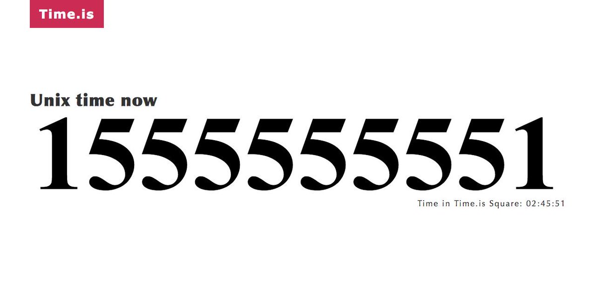Time_is's tweet image. Unix time 1555555551 is coming up very soon!
Check what time it will be in your time zone here: time.is/Unix_time_conv…
Watch it happen here: time.is/Unix_time_now
#1555555551 #unixtime #unixclock