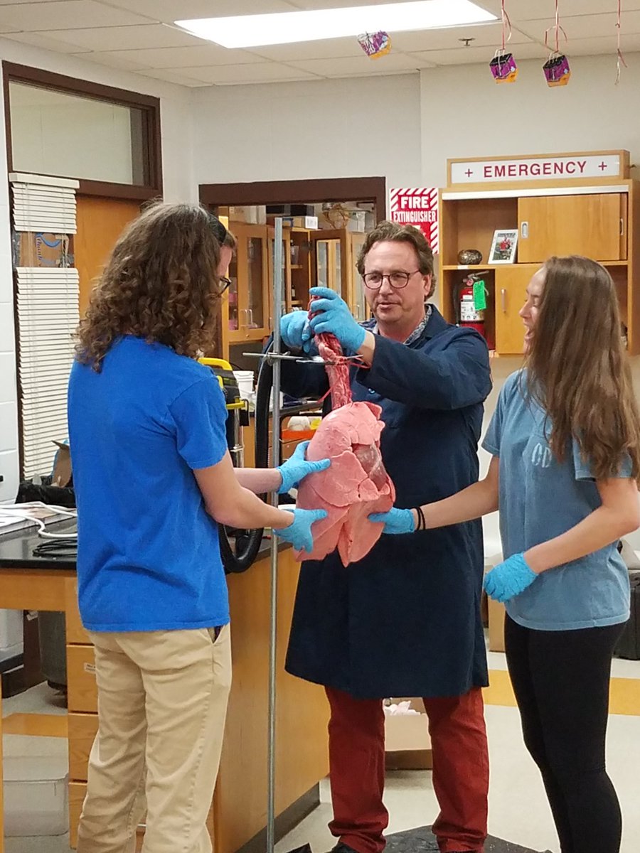 LhsDawson's tweet photo. Mr. Kreutz bringing in fresh hearts and lungs (bovine) so our physio students can really experience what those organs are like.  Yes, he's inflating those lungs! Totally different than the grey, preserved specimens.  Thanks for making the special trip to get them! #d128DARING https://t.co/fkuJjwP3iU
