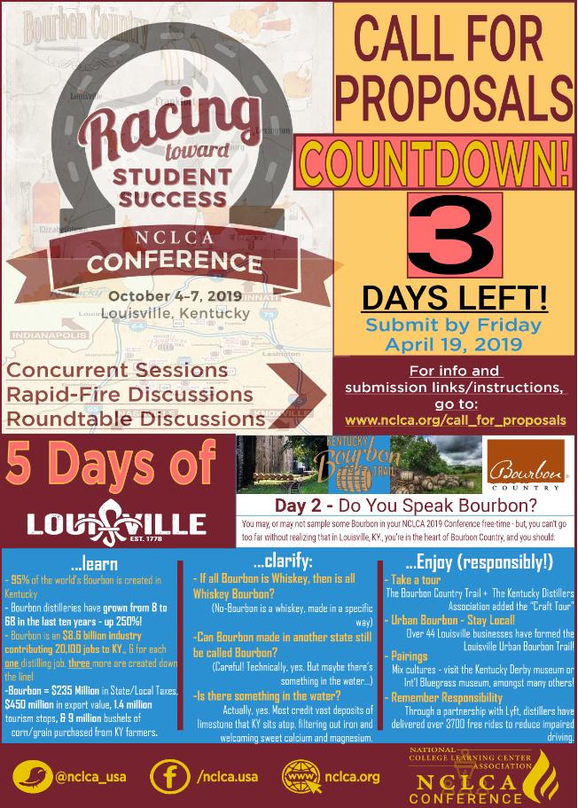 Call for Proposals countdown for Yesterday + 5 days of <a href="/gotolouisville/">Louisville Tourism</a> - featuring <a href="/kybourbontrail/">KentuckyBourbonTrail</a>  <a href="/justaddbourbon/">Bourbon Country</a> - So much to learn! <a href="/NCLCA_USA/">NCLCA</a> 2019 Conference Proposals are Due by FRIDAY! nclca.org/Call_for_Propo…
