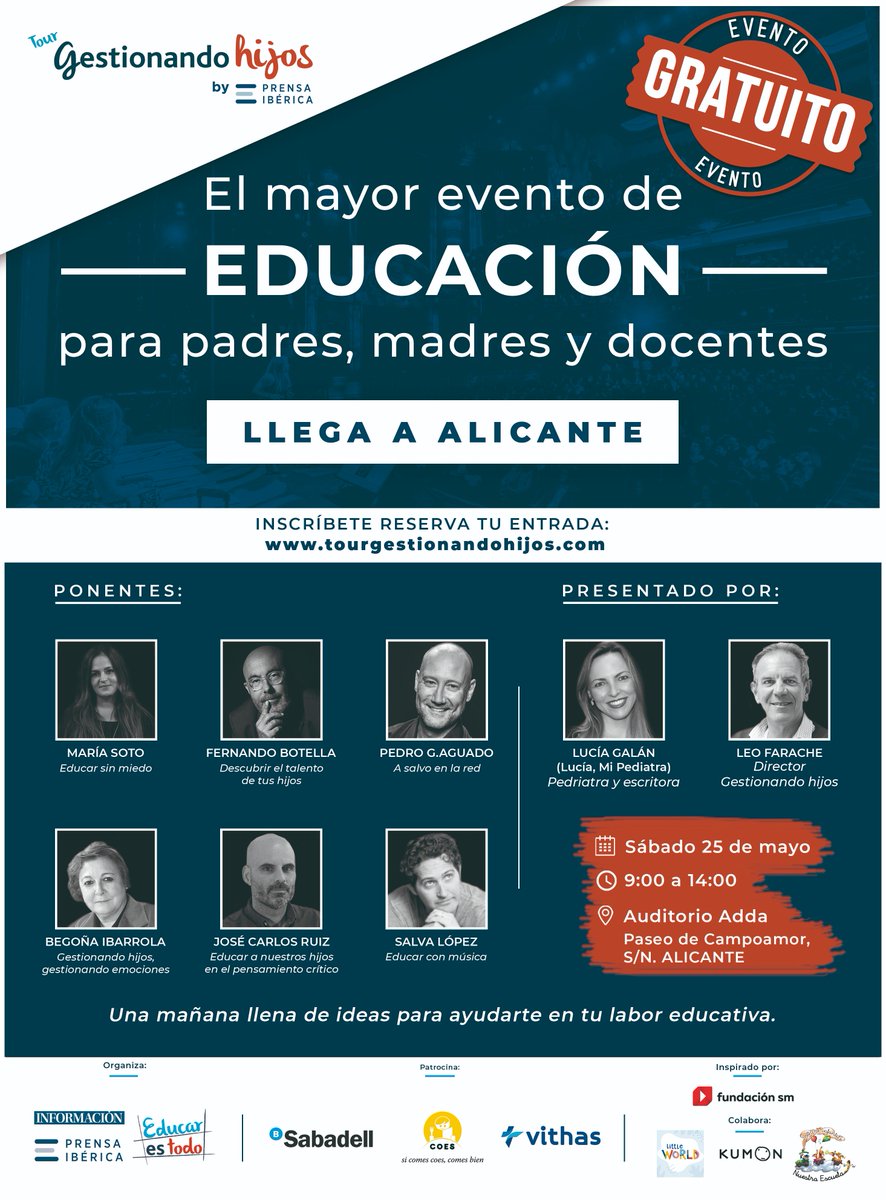 👶 #GestionandoHijosAlicante, el mayor evento de educación, llega a la ciudad de la mano de <a href="/PrensaIberica/">Prensa Ibérica</a>, <a href="/Educando_Hijos/">Tour Gestionando Hijos</a> e <a href="/informacion_es/">INFORMACION.es</a>
✅ Patrocina <a href="/SabadellCAM/">Sabadell CAM</a> <a href="/CoesComedores/">COES Comedores Escolares</a> @VithasAlicante
📝 Aforo completo. Inscríbete en la lista de espera aquí bit.ly/2KEwoZK