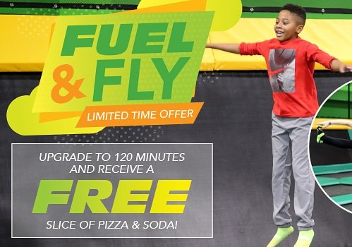 Next time you want a little extra jump time upgrade to 120 minutes and get a free slice of pizza and soda! 
Just ask at the front desk