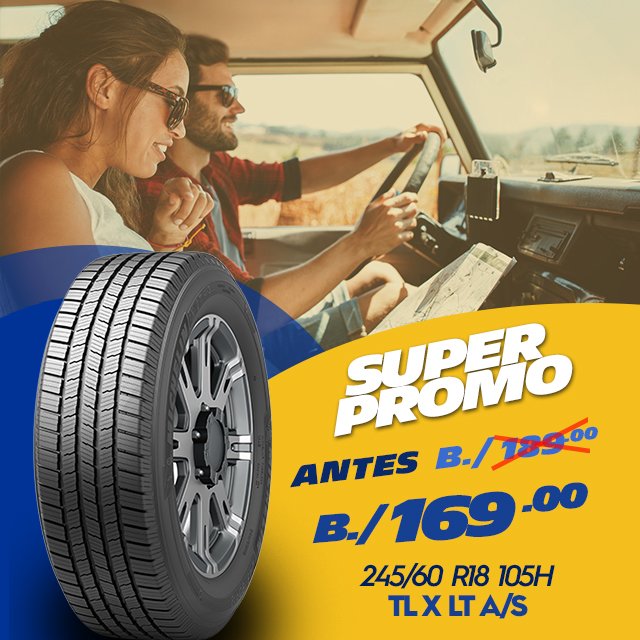Durallantas's tweet photo. APROVECHA, APROVECHA !!!! 
Nuestra Súper Promo de SEMANA SANTA #Michelin!!!!! 
.
Aprovecha nuestros súper precios en llantas:
-TL PRIMACY SUV 285/60 R18 116V ANTES B./240.00 – AHORA B./195.00 ...
#llantas #panama #servicioautomotriz #SEMANASANTA #PROMO #panamacity https://t.co/fvTOlxzINf