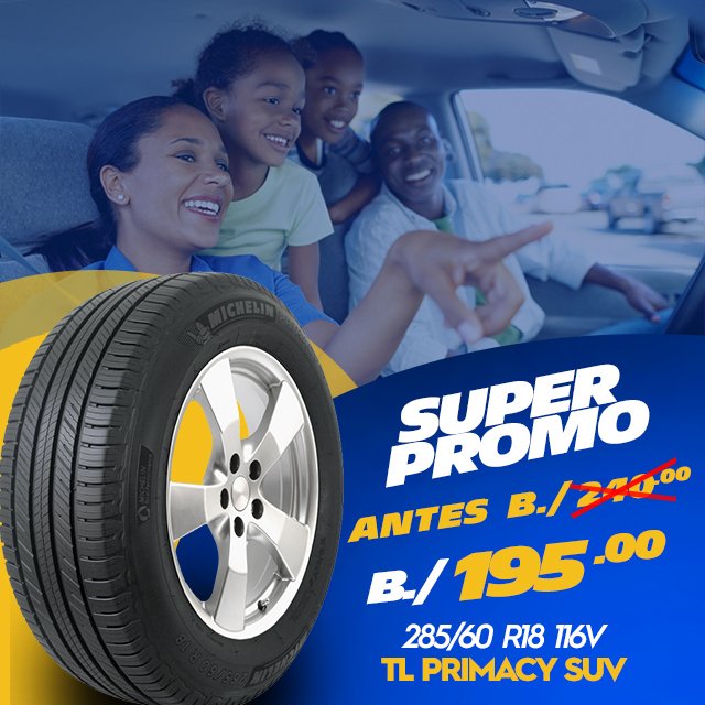 Durallantas's tweet photo. APROVECHA, APROVECHA !!!! 
Nuestra Súper Promo de SEMANA SANTA #Michelin!!!!! 
.
Aprovecha nuestros súper precios en llantas:
-TL PRIMACY SUV 285/60 R18 116V ANTES B./240.00 – AHORA B./195.00 ...
#llantas #panama #servicioautomotriz #SEMANASANTA #PROMO #panamacity https://t.co/fvTOlxzINf