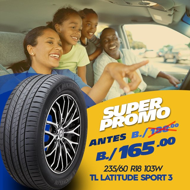 Durallantas's tweet photo. APROVECHA, APROVECHA !!!! 
Nuestra Súper Promo de SEMANA SANTA #Michelin!!!!! 
.
Aprovecha nuestros súper precios en llantas:
-TL PRIMACY SUV 285/60 R18 116V ANTES B./240.00 – AHORA B./195.00 ...
#llantas #panama #servicioautomotriz #SEMANASANTA #PROMO #panamacity https://t.co/fvTOlxzINf