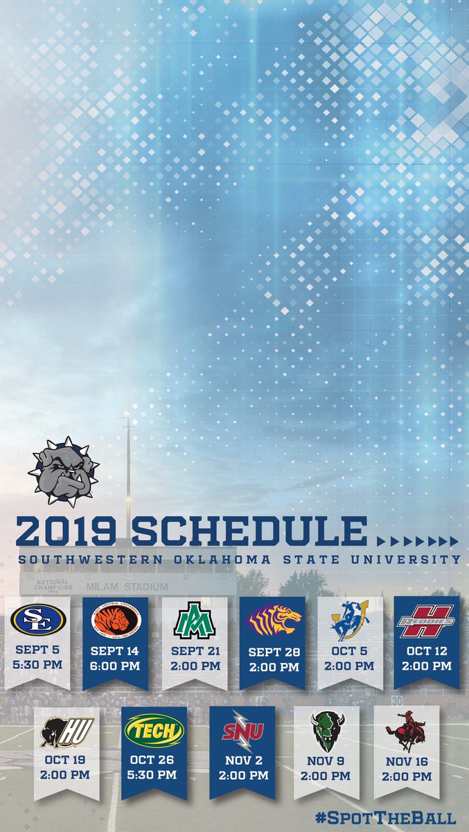 SWOSUAthletics's tweet photo. It’s #WallpaperWednesday revealing the 2019 SWOSU Football Schedule!

Come out this Friday to Milam Stadium to watch your Dawgs in action for the #SpringGame19! Kickoff is set for 7:00 pm! 

🐶🏈

#SpotTheBall | #GoDawgs https://t.co/r9kQD5EoBl