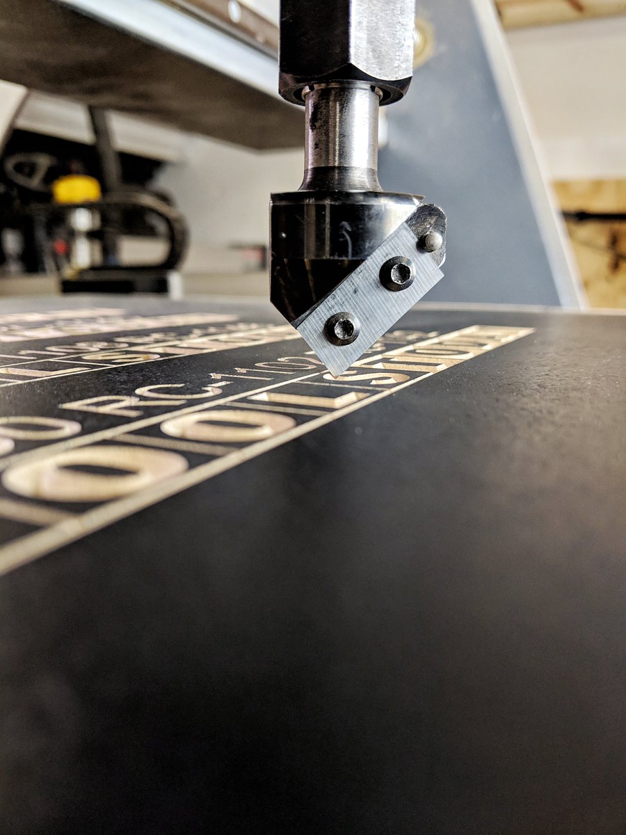 Toolstoday's tweet photo. Beautifully clean cuts using this #RC-1102 90° CNC Insert carbide ‘V’-Groove router bit featuring 1-1/2" diameter, 3/4" cut height and 1/2” shank. #toolstoday #amanatool #makers #makersgonnamake #woodsigns #wood #woodworking #woodwork #vgroove #cnc #cncuser #router #signs https://t.co/RAkivGhTKG