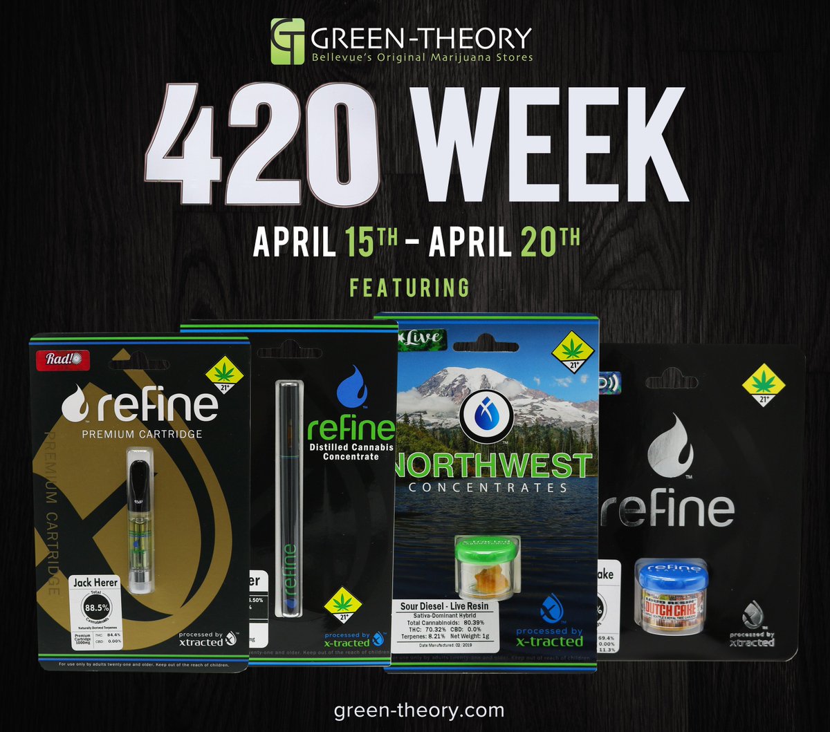 green_theory502's tweet photo. It's 420 Week at Green-Theory featuring #deals on ALL @xtractedlabs @RefineSeattle @NwConcentrates
Follow this link for more details https://t.co/DRI6RiNGlO
#GreenTheory #xTracted #Refine #Concentrate #Vape #Cartridge #i502 #THC #CBD #PremiumSelection #PremiumValue #Bellevue https://t.co/Ter7F6yKgD