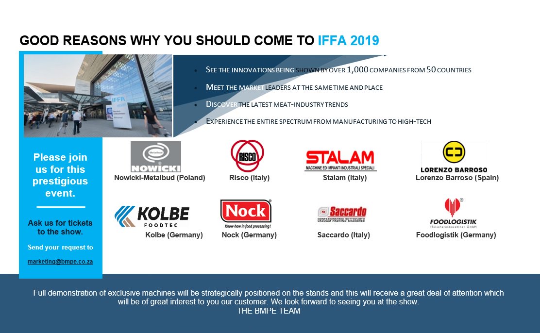 BMPE4's tweet photo. BMPE has the privilege of exhibiting together with our international agencies that will be exhibiting at the IFFA show. This makes our team of expertise undoubtedly noticeable. 

#IFFA2019 #TeamBMPE #BMPEAfrica #onlythebest #meat #butchery #foodprocessing https://t.co/OBQKR5tk9x