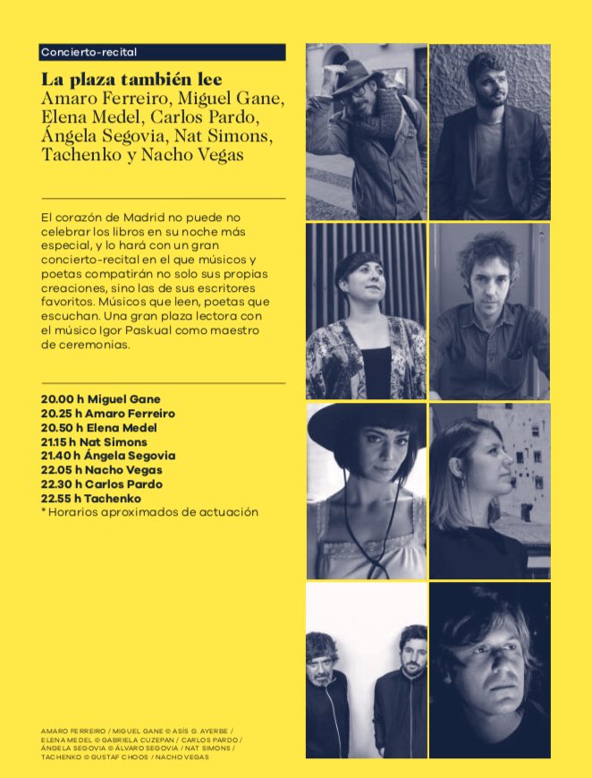 MFnosoloindie's tweet photo. Viernes 26 de abril Concierto-recital en @lanochelibros
La plaza también lee
@amaroferreiro, @MiguelGane, #ElenaMedel, Carlos Pardo, #ÁngelaSegovia, @Nat_Simons, #Tachenko @IgorPaskual y @NachoVegasTwit
El corazón de Madrid no puede no celebrar los libros con músicos y poetas https://t.co/ngXW585gq9
