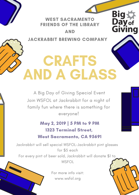 WSFOL1's tweet image. At 5pm on May 2nd, join #WSFOL at #JackrabbitBrewing in celebrating #BDOG2019! There will be a coloring table, book donation drive, and of course #beer! For every pint of beer sold, Jackrabbit will donate $1 to WSFOL. They'll also be selling WSFOL pint glasses for $5 each!