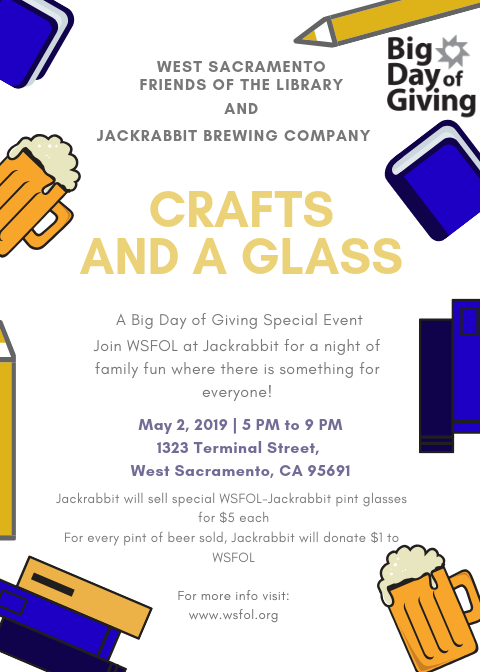 At 5pm on May 2nd, join #WSFOL at #JackrabbitBrewing in celebrating #BDOG2019! There will be a coloring table, book donation drive, and of course #beer! For every pint of beer sold, Jackrabbit will donate $1 to WSFOL. They'll also be selling WSFOL pint glasses for $5 each!