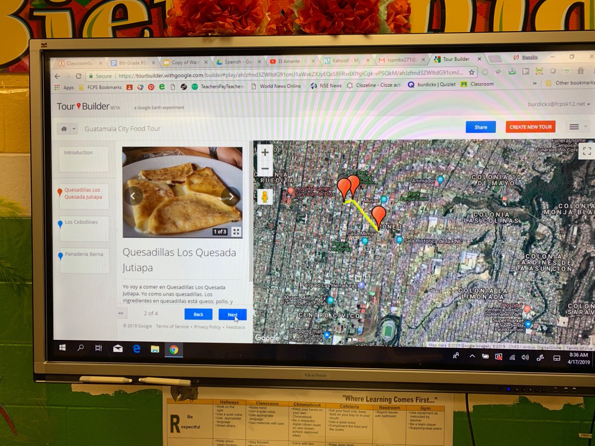 SandyBaileyITC's tweet photo. Mrs. Burdick's Spanish Ss used Google Tour Builder to complete a unit on Food &amp; Restaurants. Students researched a city in a Spanish-speaking country, located 3 restaurants, selected 2 items from each, added photos, then wrote in Spanish about each food item selected. https://t.co/BArFDghSIK
