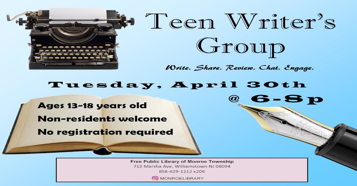 MonroeTeensNJ's tweet photo. Teen Writer's Group is starting back up at the end of April! https://t.co/i2TIoZb9pv