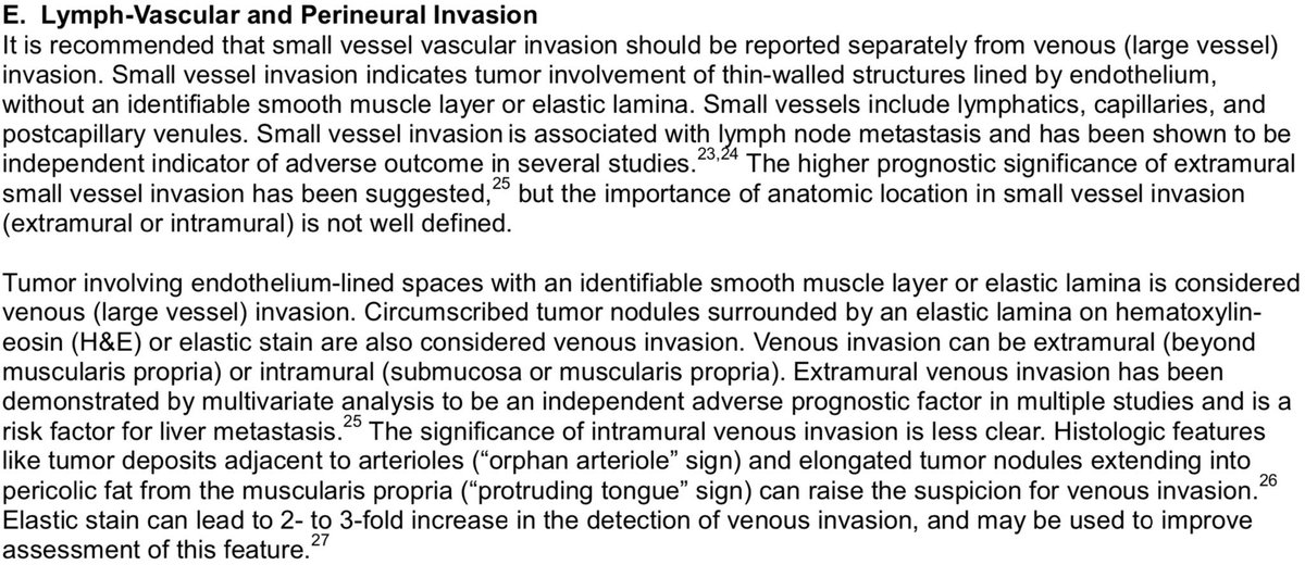 ALBoothMD's tweet photo. Colon cancer (large vess) venous invasion: tumor involving endo-lined spaces w/ smooth muscle/elastic lamina.
Extramural: beyond muscularis propria a/w adv prog outcome & liver mets
Intramural (shown): submucosa or musc prop (uncertain prog significance)
#gipath #CAPprotocols https://t.co/AAUWwQ98Ui