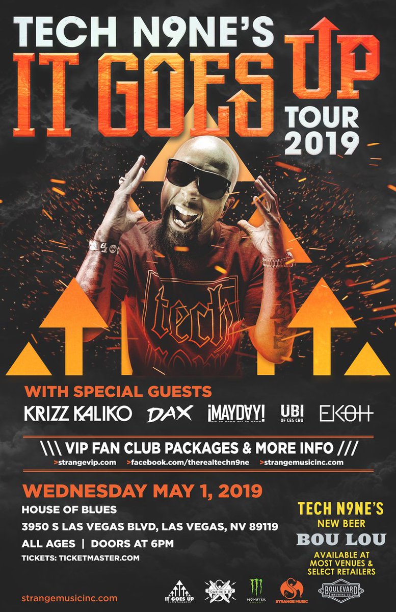 xxtechn9nefans's tweet photo. TechN9ne: VEGAS! The It Goes Up Tour is coming to you on May 1st! I'm bringing KrizzKaliko, thatsDax, MaydayMusic, UBI of CESCRU and Ekoh to HOBLasVegas!

Get your tickets at https://t.co/yaEYYNEqTc! https://t.co/oujEqVxqxZ