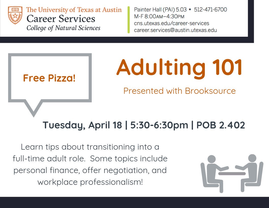 CNSCareers's tweet image. Adulting can be a struggle, but we’re here to help! Join us and @BrooksourceATX tomorrow for a workshop on becoming a full-time professional! We’ll have pizza to help calm any nerves! ☺️🍕