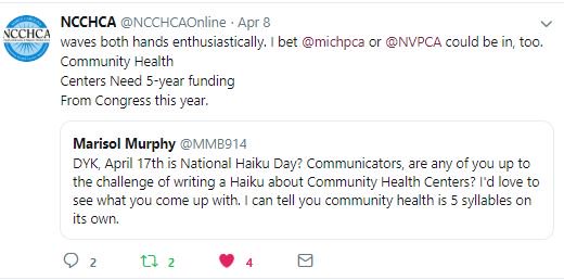 NACHC's tweet photo. Also, did you see the awesome haiku's submitted by our friends @michpca, @aabayasekara, @sdisaac, & @NCCHCAOnline? Check them out and send us your own health center haikus! #MyHealthCenter #NationalHaikuDay #FQHC https://t.co/rvvf1uakJ0