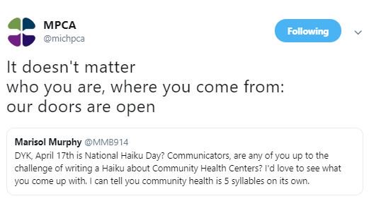 NACHC's tweet photo. Also, did you see the awesome haiku's submitted by our friends @michpca, @aabayasekara, @sdisaac, & @NCCHCAOnline? Check them out and send us your own health center haikus! #MyHealthCenter #NationalHaikuDay #FQHC https://t.co/rvvf1uakJ0