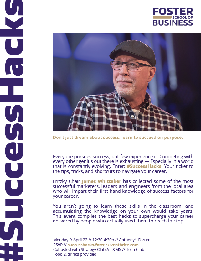 fostercareers's tweet photo. Fritzky Chair James Whittaker has collected some of the most successful, marketers, leaders and engineers who will impart their first-hand knowledge of success factors for your career!

Register now to attend #SuccessHacks! Food and drink will be served and surprise gifts given! https://t.co/JuICLxMYKM