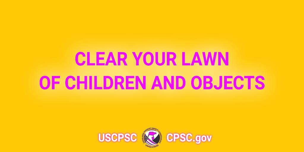 A yellow tile with pink lettering. It says clear your lawn of children and objects.