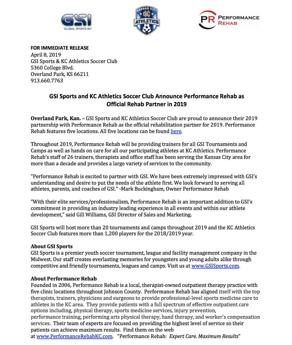 GSI and KC Athletics is very excited to announce our new rehabilitation &amp; training sponsor! Check out the information attached to learn more about our new partnership.