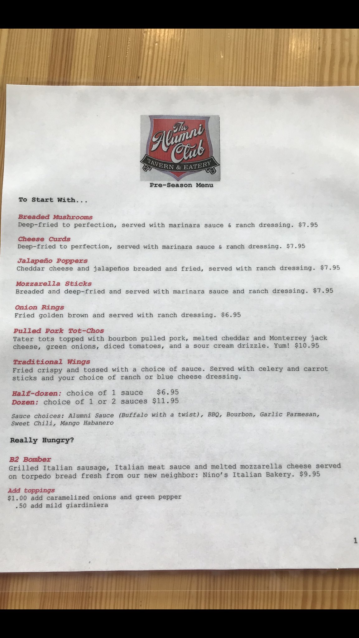 Varsity club sale menu