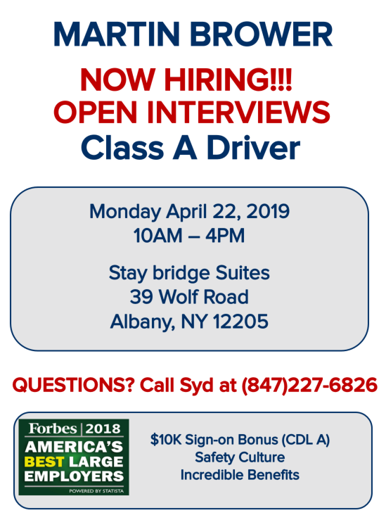 Come join <a href="/MBHires/">Martin Brower</a> at our upcoming #OpenInterviews session on April 22! We'd be pleased to meet you! #MBHires #careerfair #HiringNow #NowHiring #Classadrivers #openinterviews #Drivers #driverjobs #newyorkjobs