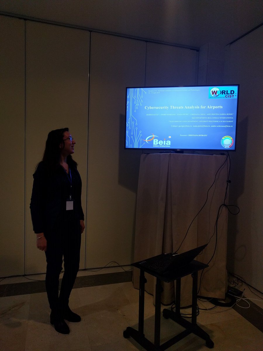 CristianaI14's tweet photo. Successful 2nd presentation of @beiaconsult's "#cybersecurity Threats Analysis For Airports" at #WorldCIST2019! Also full day of interesting #automation #security #Cloud #BigData #VR #AI #Technology related presentations! #ALADIN #ODSI #TOR_SIMproject @SealedGRIDH2020 @SafecareP https://t.co/5N3wzUIPjQ