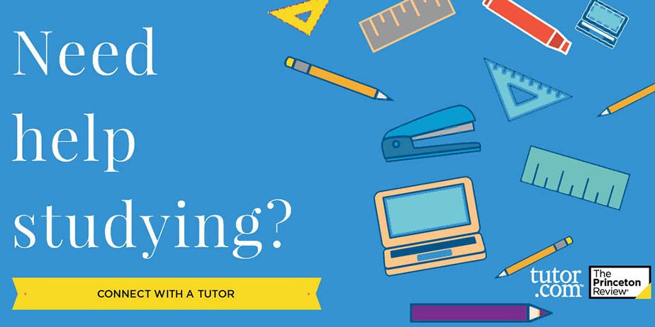 an illustrated graphic of a computer, stapler, ruler and writing implements strewn about a blue background