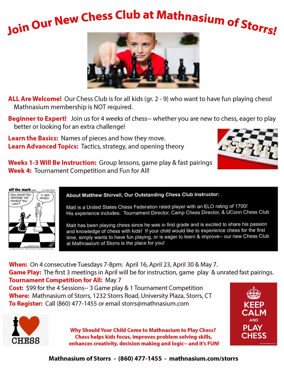 MathStorrs's tweet image. Yesterday we had an ABSOLUTE BLAST at our first Chess Club Meeting! Everyone learned a ton-- whether advanced player or a beginner like me! It was so much fun! Matt is the best Chess Coach ever!

Join us next for STRATEGIES &amp;amp; TACTICS!!
To Register go to mathnasium.com/storrs/events