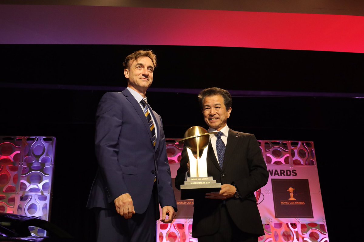 Lots of excitement as Suzuki gets its first ever #WCOTY trophy! The 2019 World Urban Car is the Suzuki #Jimny. It’s Chief Engineer Hiroyuki Yonezawa claimed the win. With him is #WorldCarAwards co-chair Peter Lyon