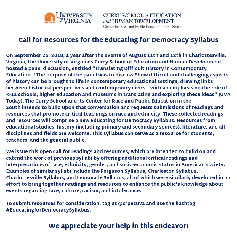 teachersinthemo's tweet photo. #CallforResources! To submit resources for consideration, tag @crpesuva and use the hashtag #EducatingforDemocracySyllabus. #EducatingforDemocracySyllabus #CRPESuva #uvacurry https://t.co/JQ4LdkZG6a